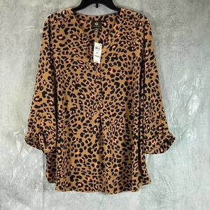 JM Collection Women's Plus Size Taupe Flash Animal-Print V-Neck Top SZ 2X